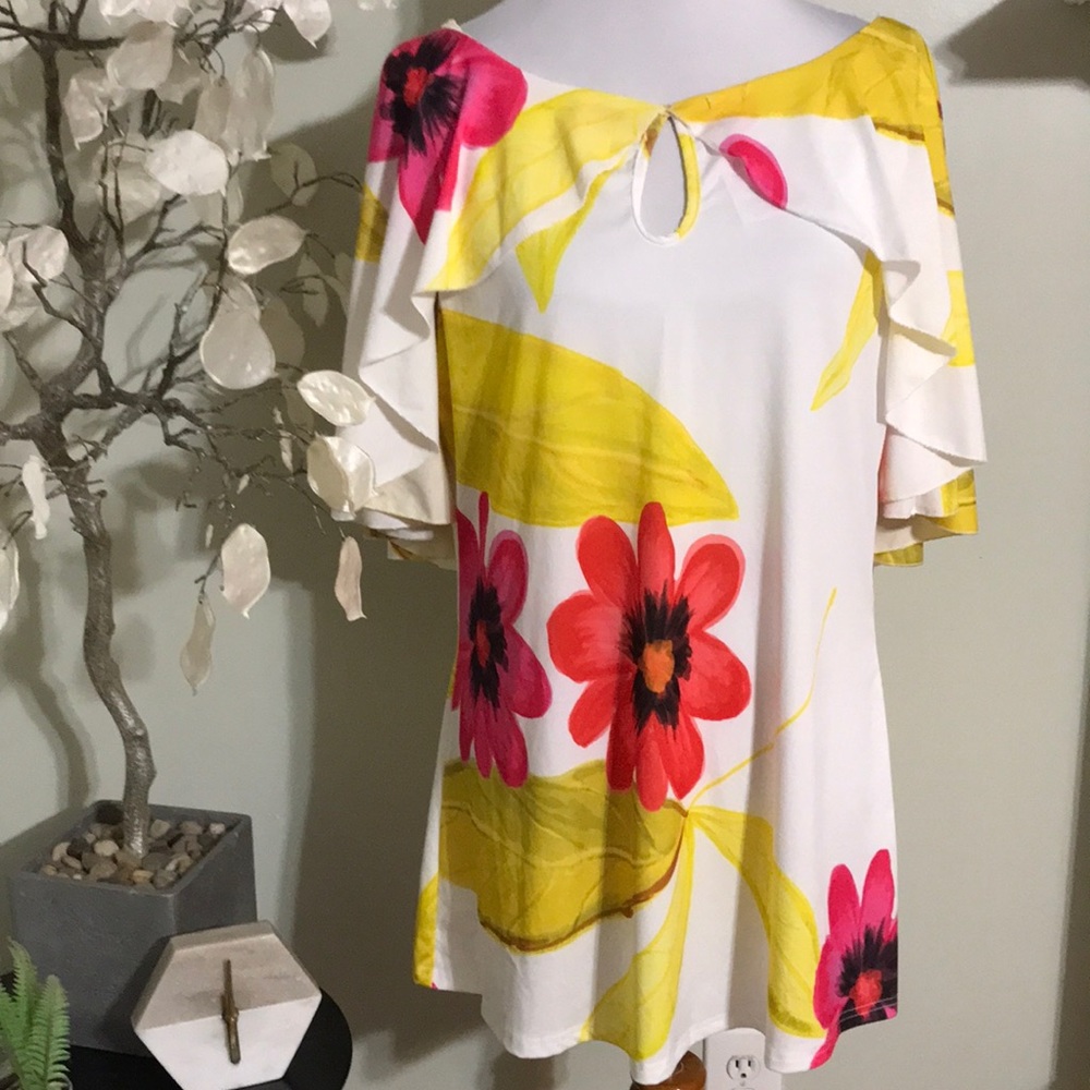 White Floral Flutter-Sleeve Blouse with Pink & Yellow Prints